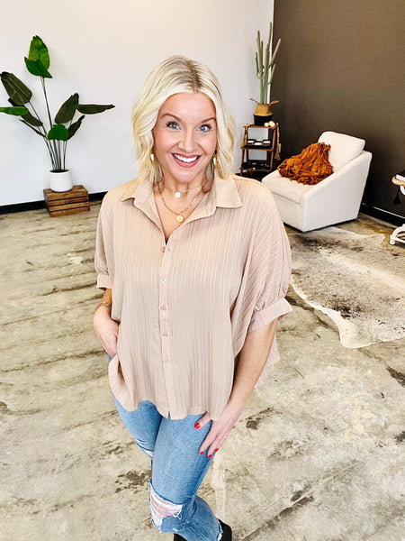 Miller Button Down Textured Loose Fit BOHO Blouse- Taupe