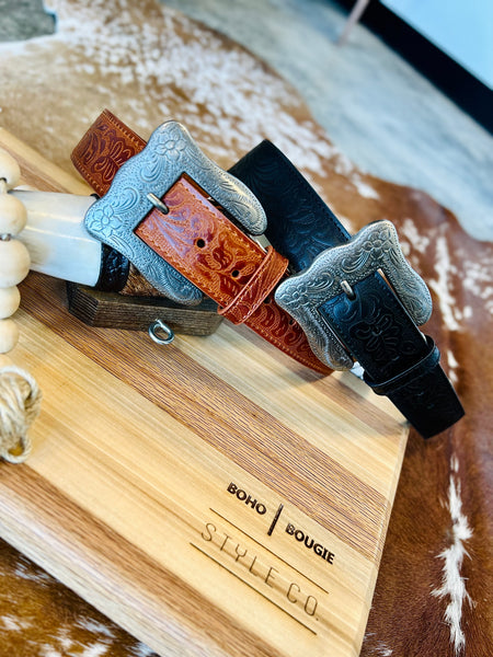 Texarkana Genuine Leather Western Tooled Belt-Chestnut