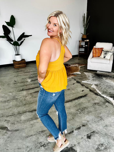 There She Goes- Mustard Rouched Racer-Back Tank Top