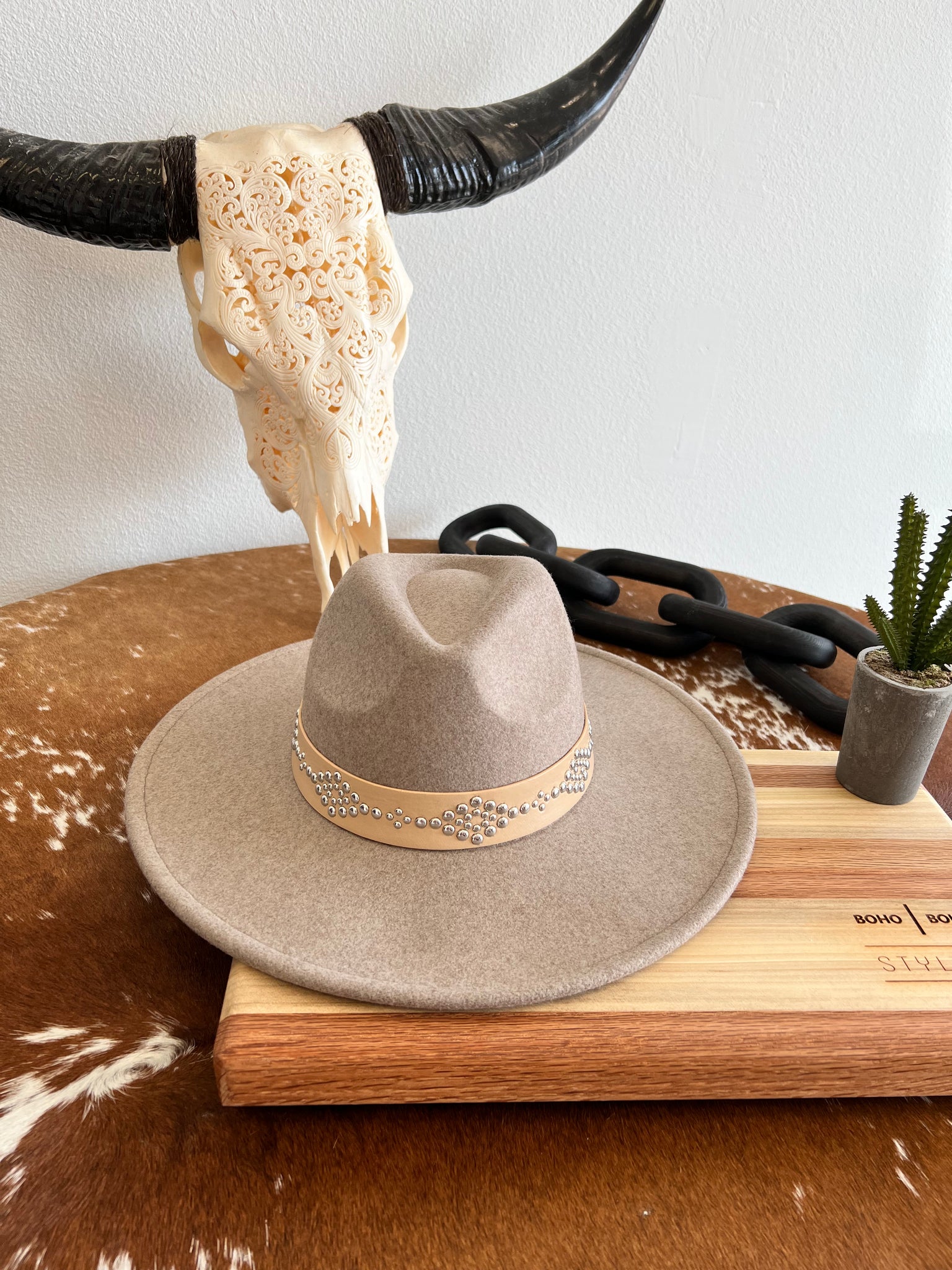 Keystone Katie-Taupe with Beaded Vegan Leather Band Hat