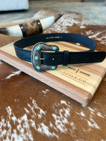 Black Beauty 100% Genuine Leather Tooled Belt W/ Turquoise Studded Buckle